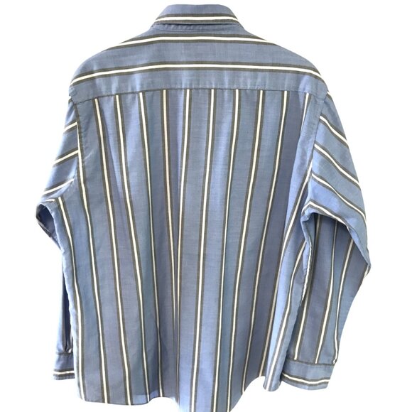 Mergers Button-Down Oxford Shirt, Vintage 80s Blue Gray Cream Striped, Size L - Picture 2 of 8